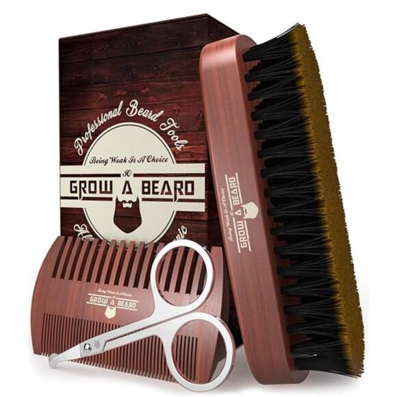 Beard Brush For Men & Beard Comb Set w/Mustache Scissors , Natural Boar Bristle - Picture 6 of 6